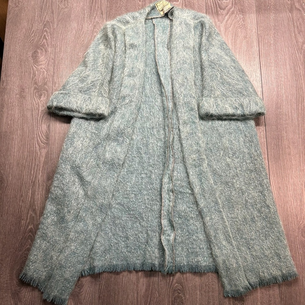 Vintage 70s Andrew Stewart Mohair Wool Cardigan Blue Scotland Fringe Duster